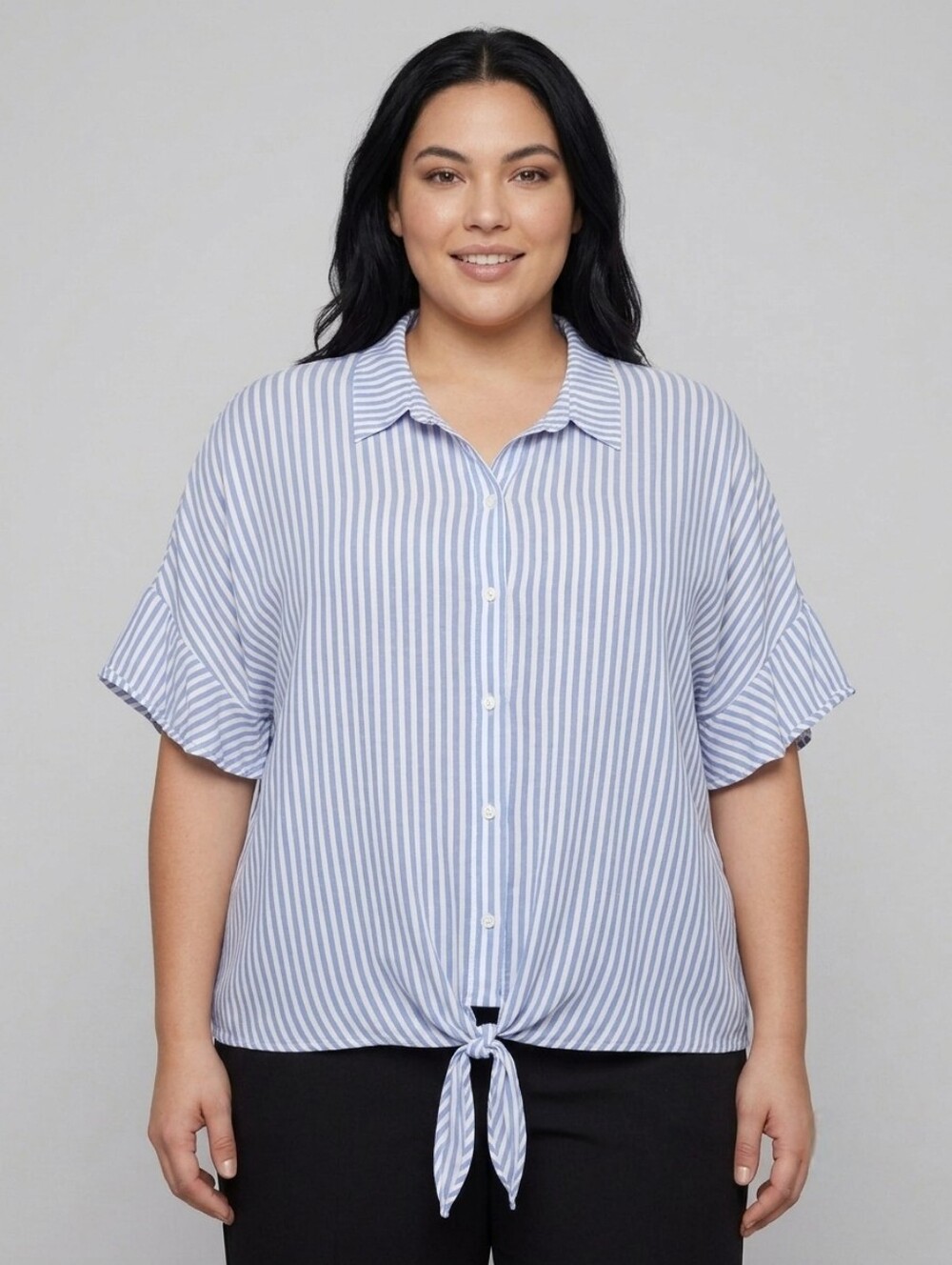 George Blue & White Striped Tie-Front Button Down Top, Plus Size 3X